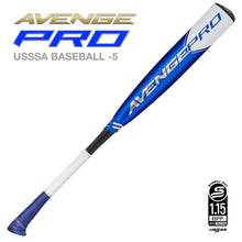 A blue and white 2023 AXE Avenge Pro (-5) 2 5/8" USSSA Baseball Bat: L199K (USED) with "Avenge Pro" on the barrel. Image shows “USSSA Baseball -5” and the USSSA 1.15 BPF logo in the lower right corner.
