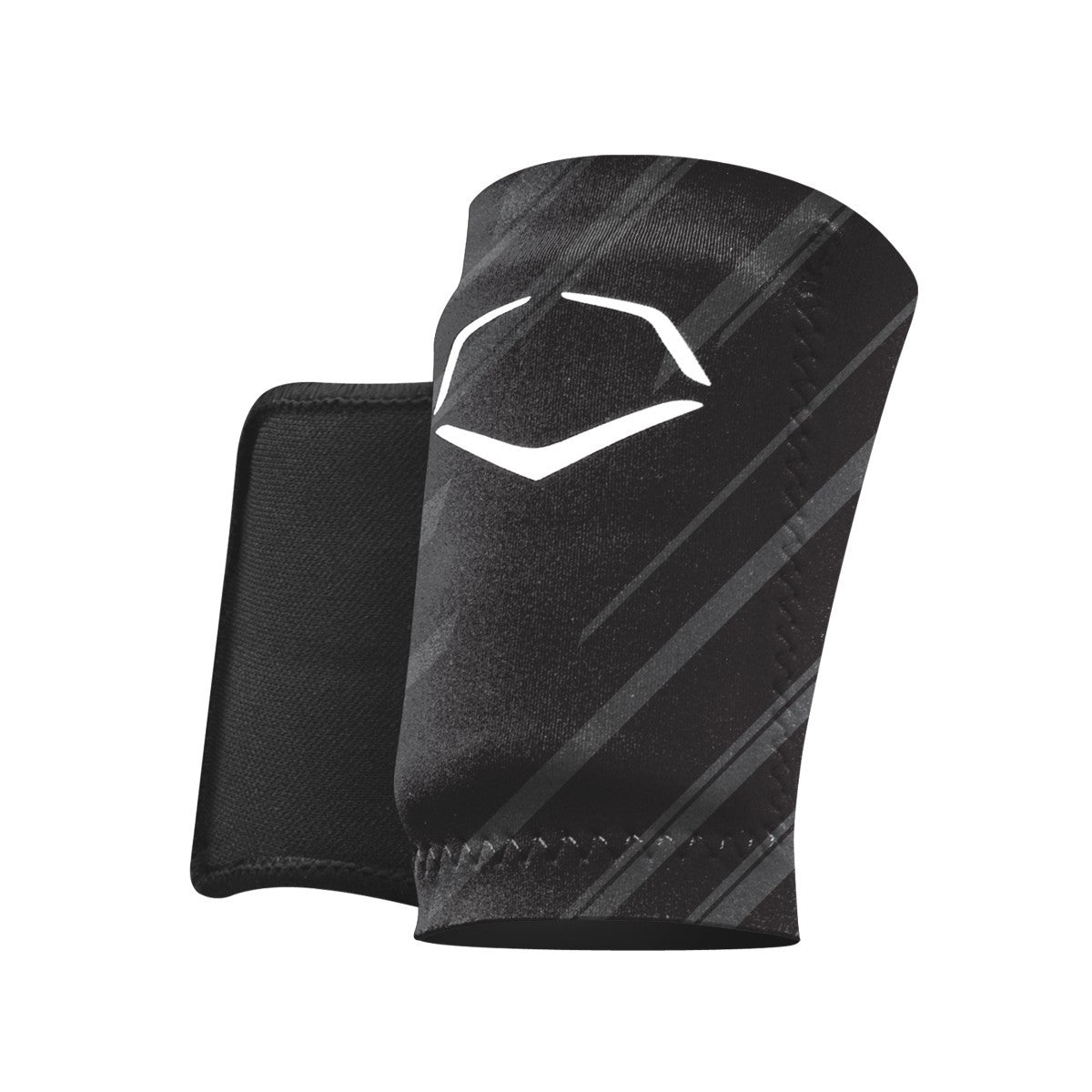 The EvoShield Speed Stripe Wrist Guard (WTV2045150) by EvoShield is a black athletic wrist guard with subtle diagonal stripes, a white geometric logo, and custom molding technology for a tailored fit, shown on a white background.