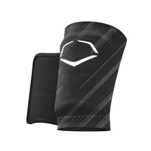 The EvoShield Speed Stripe Wrist Guard (WTV2045150) by EvoShield is a black athletic wrist guard with subtle diagonal stripes, a white geometric logo, and custom molding technology for a tailored fit, shown on a white background.