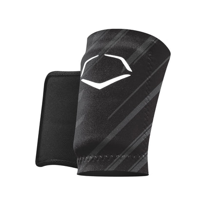 The EvoShield Speed Stripe Wrist Guard (WTV2045150) by EvoShield is a black athletic wrist guard with subtle diagonal stripes, a white geometric logo, and custom molding technology for a tailored fit, shown on a white background.