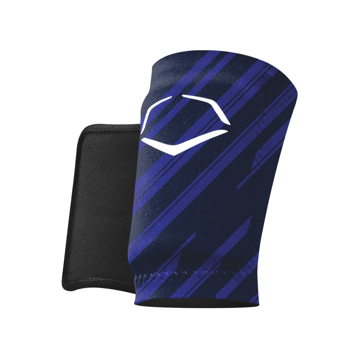 The EvoShield Speed Stripe Wrist Guard (WTV2045150) by EvoShield features navy blue and black colors with diagonal blue stripes, a white angular logo, and custom molding technology for a secure fit, shown on a white background.