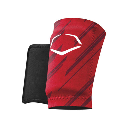 The EvoShield Speed Stripe Wrist Guard (WTV2045150) by EvoShield features a red and black design with diagonal dark stripes, a white geometric logo, and custom molding technology for a perfect fit, shown against a white background.