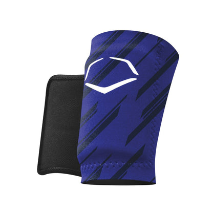 The EvoShield Speed Stripe Wrist Guard (WTV2045150) by EvoShield is blue and black with diagonal stripes and a white geometric logo, featuring Gel-to-Shell custom molding technology, shown on a plain white background.