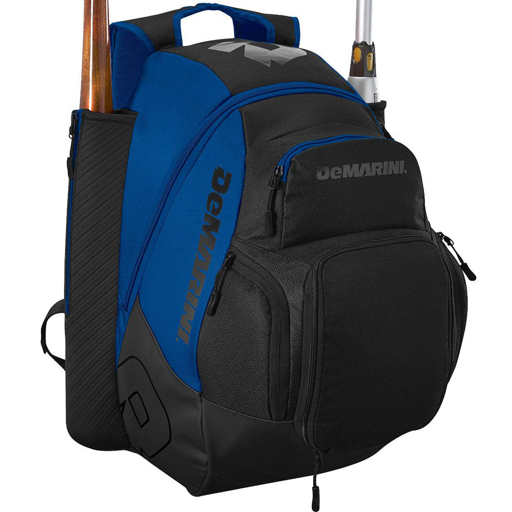 The DeMarini Voodoo OG Backpack: WB57117 is a blue and black baseball or softball backpack with side bat pockets and multiple zippered gear compartments.