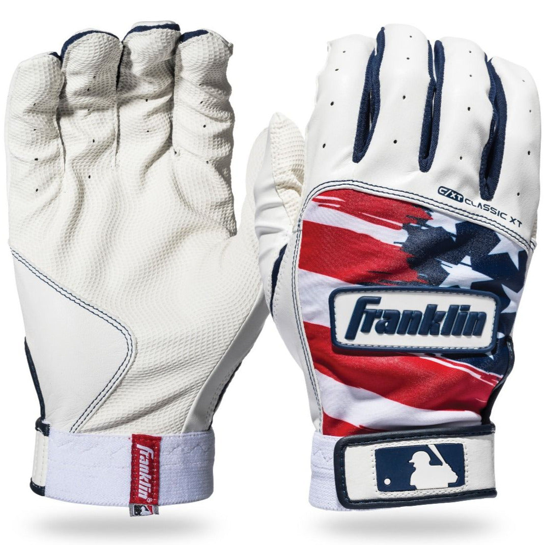 The Franklin Classic XT Youth Batting Gloves (210) by Franklin offer comfort and style with a flag design, perfect for young players on the field.