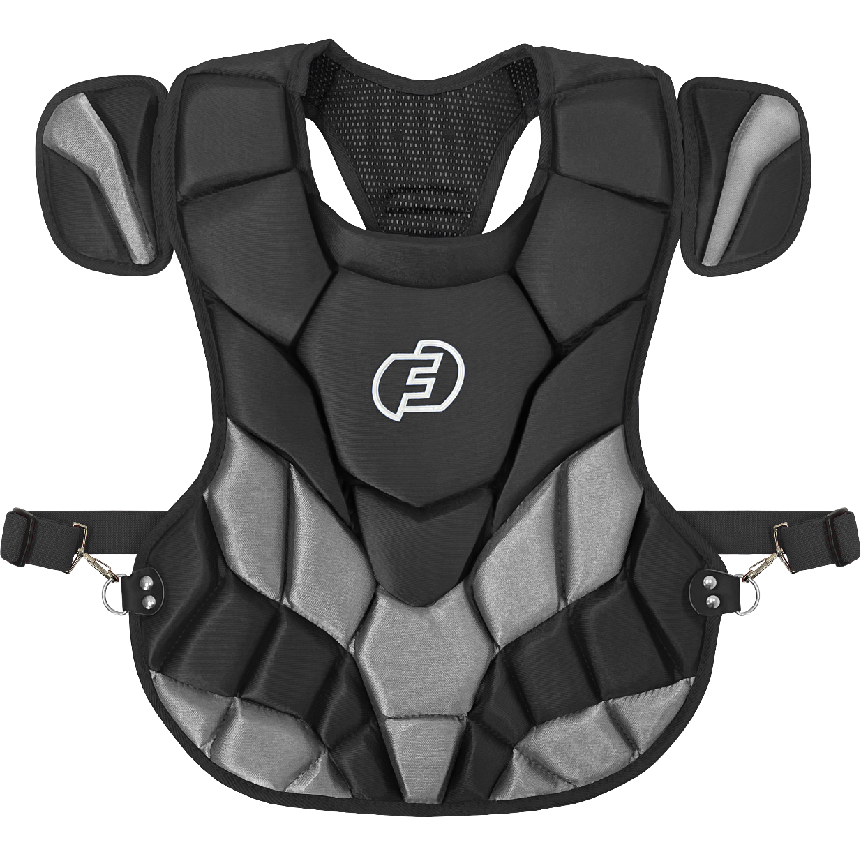 The Force3 NOCSAE Certified Catcher's Chest Protector with DuPont Kevlar (BC11) features black and gray design, shoulder guards, adjustable straps, a central stylized F logo, and angular stitching for enhanced protection and flexibility.