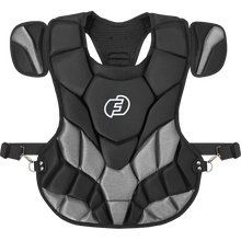 The Force3 NOCSAE Certified Catcher's Chest Protector with DuPont Kevlar (BC11) features black and gray design, shoulder guards, adjustable straps, a central stylized F logo, and angular stitching for enhanced protection and flexibility.