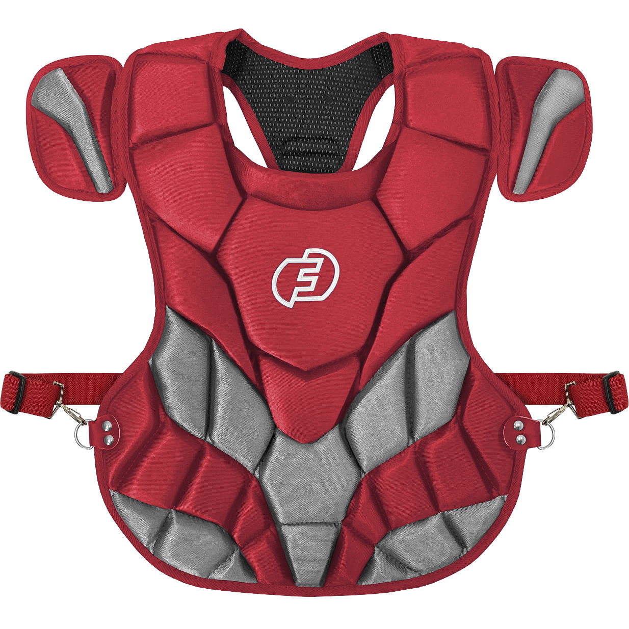 The Force3 NOCSAE Certified Catcher's Chest Protector with DuPont Kevlar: BC11 is a red and gray chest protector with shoulder pads, adjustable straps, a white stylized E logo, and meets NOCSAE safety standards.