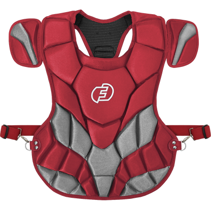 The Force3 NOCSAE Certified Catcher's Chest Protector with DuPont Kevlar: BC11 is a red and gray chest protector with shoulder pads, adjustable straps, a white stylized E logo, and meets NOCSAE safety standards.