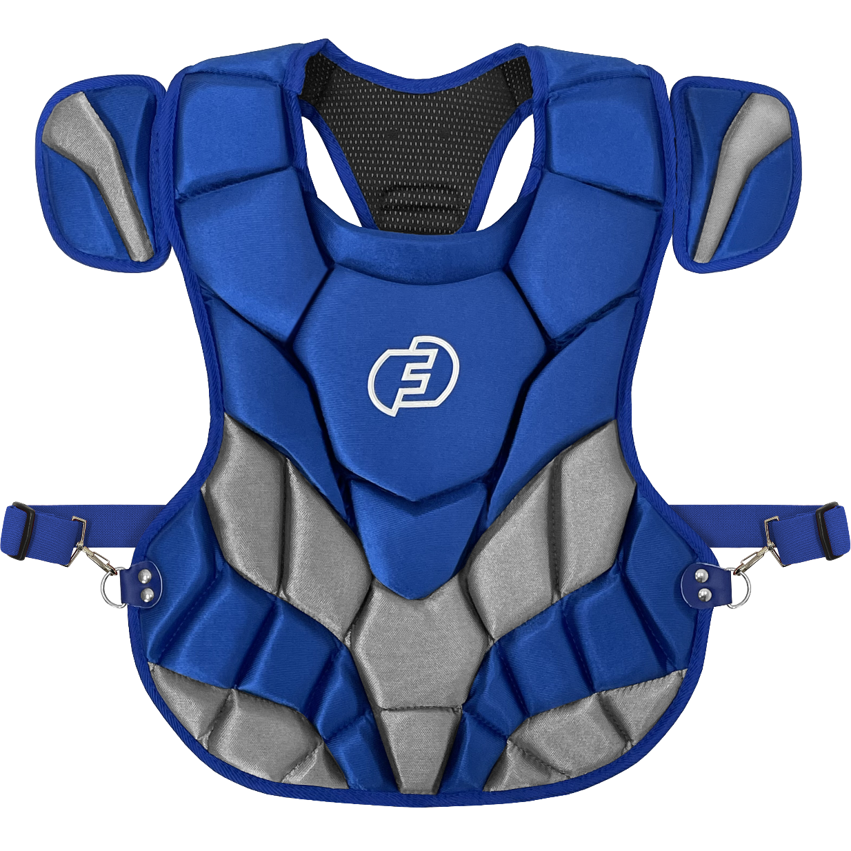 The Force3 NOCSAE Certified Catcher's Chest Protector with DuPont Kevlar (BC11) offers maximum safety and comfort in blue and grey.