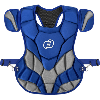 The Force3 NOCSAE Certified Catcher's Chest Protector with DuPont Kevlar (BC11) offers maximum safety and comfort in blue and grey.