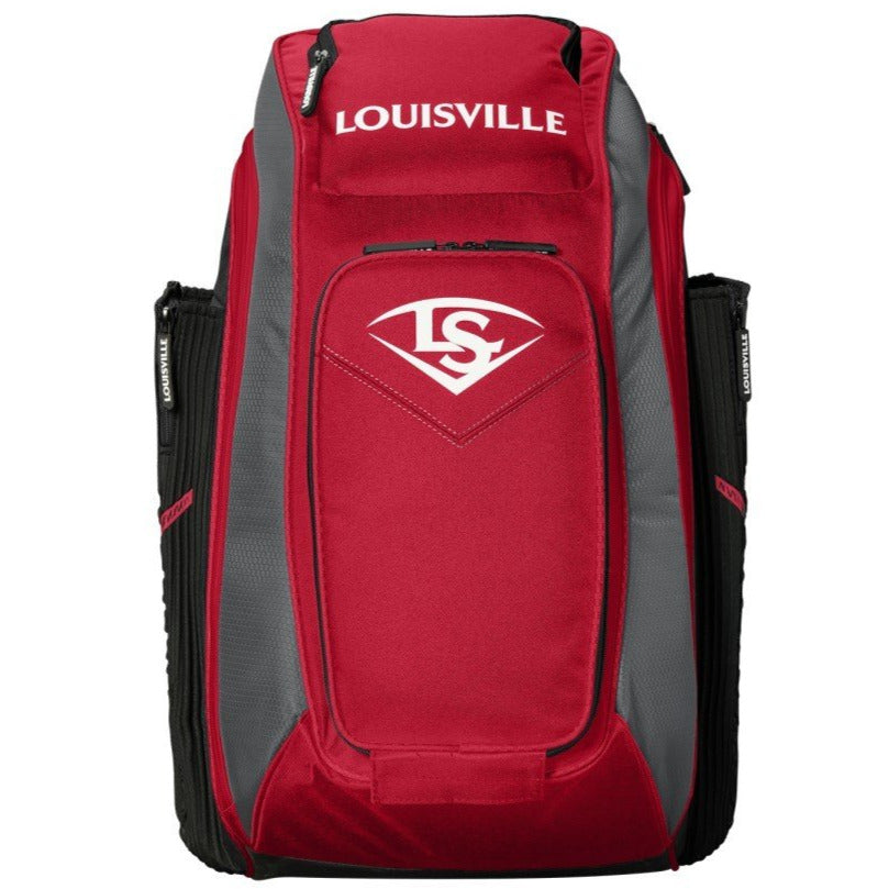 The Louisville Slugger Prime Stick Pack Backpack (WTL9902) features red and gray colors, the “LOUISVILLE” brand name at the top, LS logo in white on the front pocket, and black zippered side compartments—ideal as a bat bag.