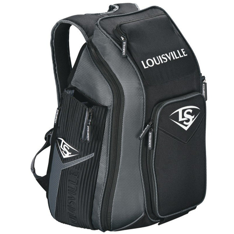 The Louisville Slugger Prime Stick Pack Backpack (WTL9902) features black and gray design, multiple zippered compartments, a bat side pocket, and displays the Louisville Slugger logo with LS emblem.