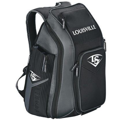 The Louisville Slugger Prime Stick Pack Backpack (WTL9902) features black and gray design, multiple zippered compartments, a bat side pocket, and displays the Louisville Slugger logo with LS emblem.