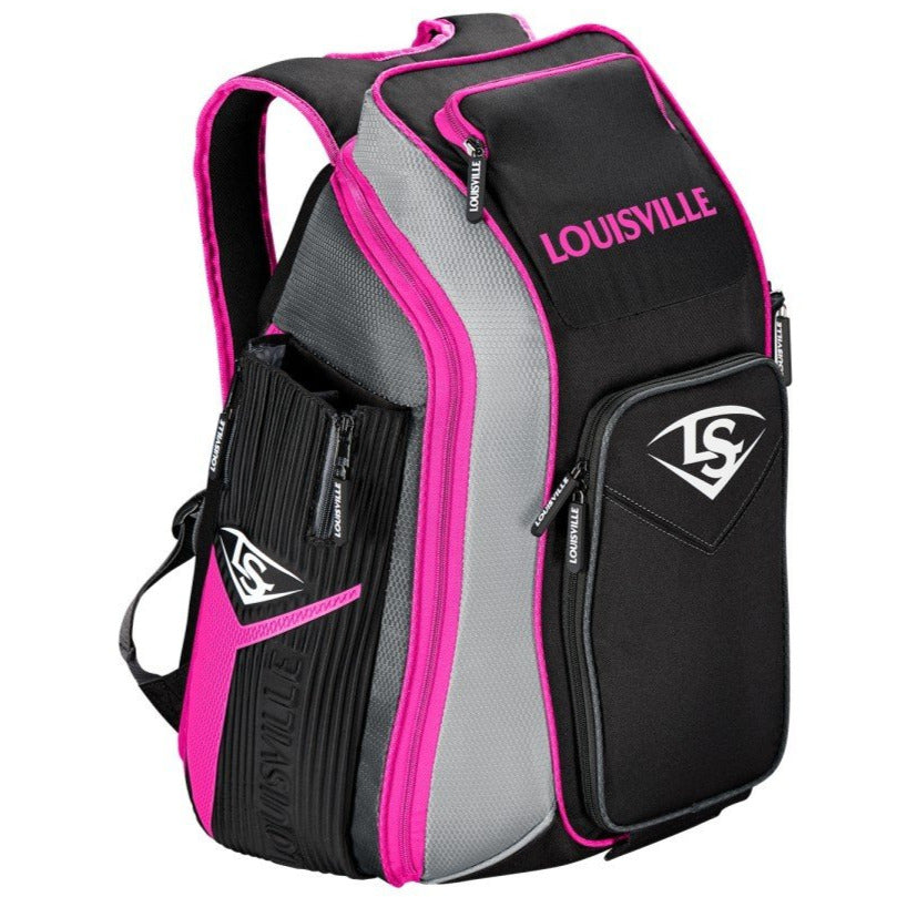 The Louisville Slugger Prime Stick Pack Backpack (WTL9902) in black/pink features multiple zippered compartments, side pockets, padded straps, and bold LOUISVILLE text—ideal as a stylish bat bag for baseball or softball players.