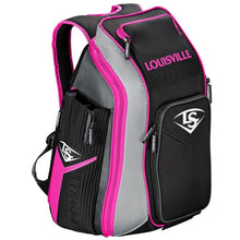 The Louisville Slugger Prime Stick Pack Backpack (WTL9902) in black/pink features multiple zippered compartments, side pockets, padded straps, and bold LOUISVILLE text—ideal as a stylish bat bag for baseball or softball players.