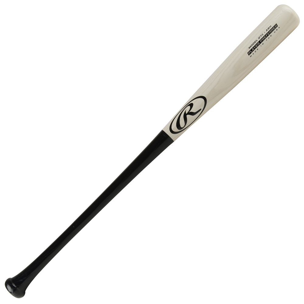 The Rawlings Player Preferred Ash Wood Baseball Bat: 271RAB features a two-tone design with a black handle, light barrel, large R logo, and 271 profile for lightweight balance—crafted by Rawlings for optimal performance.