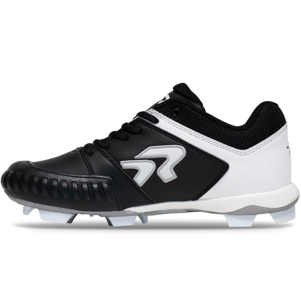 The Ringor Flite Cleat PTT 2842S is a black and white women's fastpitch softball shoe with lace-up design, textured toe guard, stylized side logo, molded TPU studs for traction, and pitching toe—perfect as a dependable Ringor cleat.