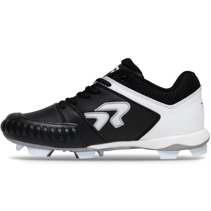 The Ringor Flite Cleat PTT 2842S is a black and white women's fastpitch softball shoe with lace-up design, textured toe guard, stylized side logo, molded TPU studs for traction, and pitching toe—perfect as a dependable Ringor cleat.
