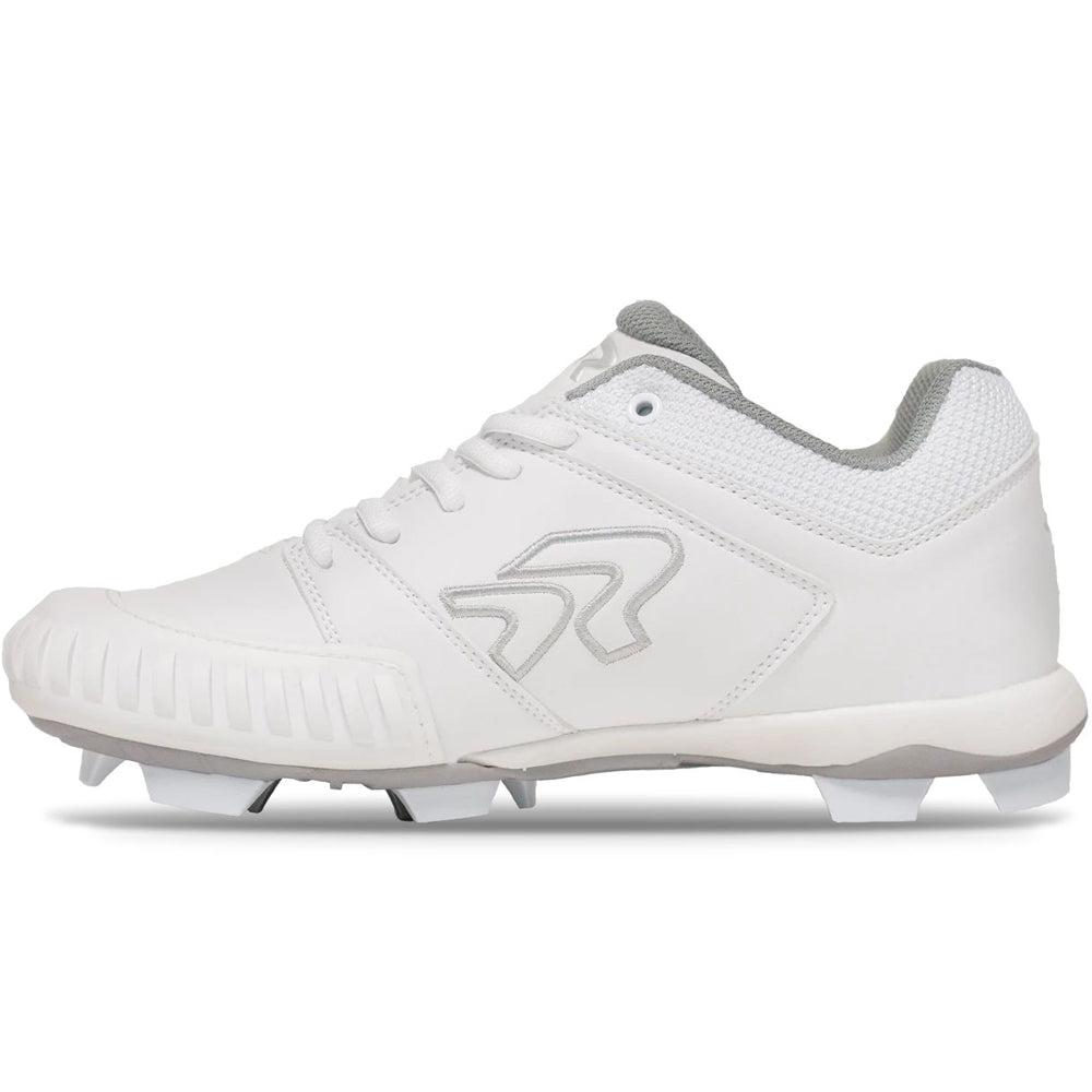 Side view of the Ringor Flite Cleat PTT Women's TPU Molded Fastpitch Softball Cleats with Pitching Toe (2842S) in white with gray accents, mesh ankle support, textured toe protection, and molded studs for softball.