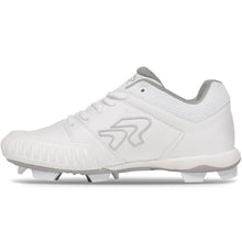 Side view of the Ringor Flite Cleat PTT Women's TPU Molded Fastpitch Softball Cleats with Pitching Toe (2842S) in white with gray accents, mesh ankle support, textured toe protection, and molded studs for softball.