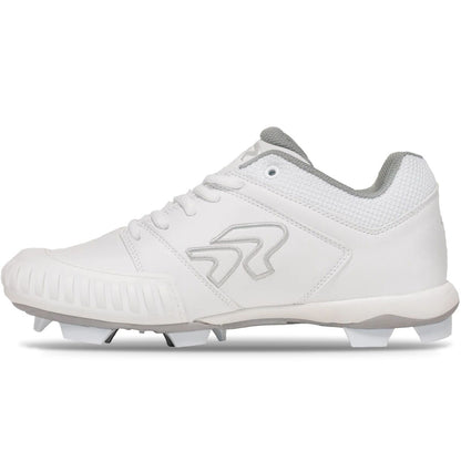 Side view of the Ringor Flite Cleat PTT Women's TPU Molded Fastpitch Softball Cleats with Pitching Toe (2842S) in white with gray accents, mesh ankle support, textured toe protection, and molded studs for softball.