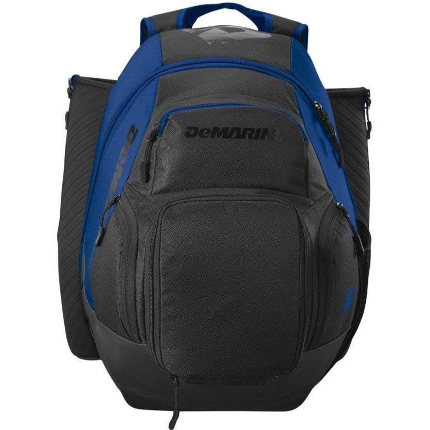 The DeMarini Voodoo OG Backpack: WB57117 is a black and blue baseball backpack with multiple zippered compartments, padded shoulder straps, and the DeMarini logo on the front pocket.
