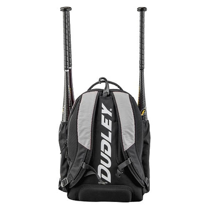 The Dudley Softball Bat Pack Backpack: 48-01 is a black and gray Dudley gear bag with the white Dudley logo, backpack straps, side bat pockets for two bats, and a ventilated compartment.