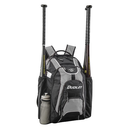The Dudley Softball Bat Pack Backpack: 48-01 by Dudley is shown in black and gray on a white background, holding two bats in side pockets and a silver water bottle in the left pocket. Its ventilated compartment keeps your softball gear organized.