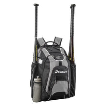 The Dudley Softball Bat Pack Backpack: 48-01 by Dudley is shown in black and gray on a white background, holding two bats in side pockets and a silver water bottle in the left pocket. Its ventilated compartment keeps your softball gear organized.