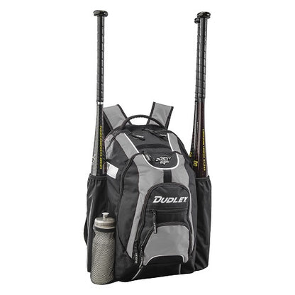The Dudley Softball Bat Pack Backpack: 48-01 by Dudley is shown in black and gray on a white background, holding two bats in side pockets and a silver water bottle in the left pocket. Its ventilated compartment keeps your softball gear organized.