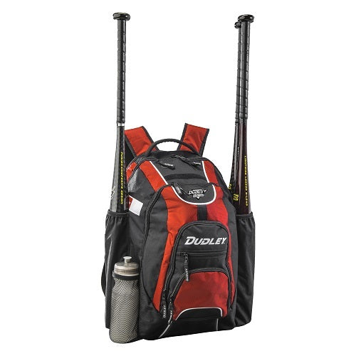 The Dudley Softball Bat Pack Backpack (48-01) in black and red stands upright on a white background, showing two bats in the side pockets and a silver water bottle, plus a ventilated compartment for gear.