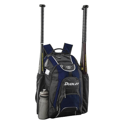 The Dudley Softball Bat Pack Backpack: 48-01, in black and blue, holds two bats in side pockets and a silver water bottle in another, making it the ideal softball gear bag.