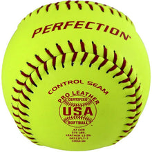 The Baden USA Perfection 12" 47/375 Fastpitch Softball (2A312FLY) is yellow with red stitching, a Pro Leather Cover, PERFECTION and PRO LEATHER USA SOFTBALL labels, ASA Certified markings, and specs printed in red.
