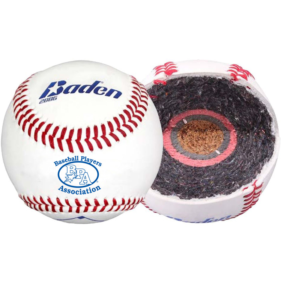 A standard white Baden BPA Baseballs: 2BBBPAG, branded Baden and Baseball Players Association, shown whole on the left and sliced in half on the right to display its layered interior construction.