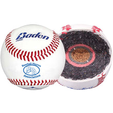 A standard white Baden BPA Baseballs: 2BBBPAG, branded Baden and Baseball Players Association, shown whole on the left and sliced in half on the right to display its layered interior construction.