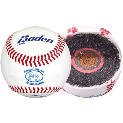 A standard white Baden BPA Baseballs: 2BBBPAG, branded Baden and Baseball Players Association, shown whole on the left and sliced in half on the right to display its layered interior construction.