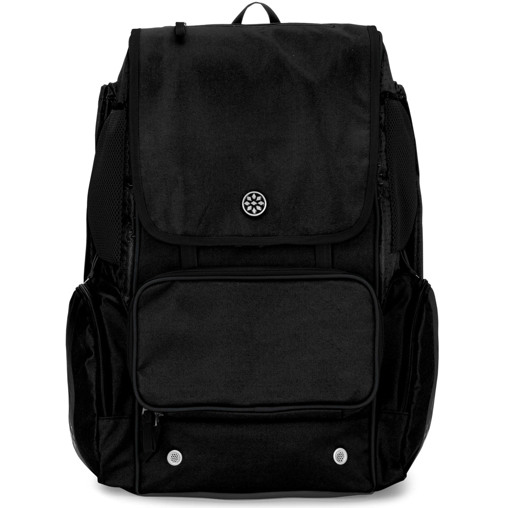 The Rip It Softball Tournament 2 Backpack (2TOURN) is a black, customizable softball bag with a front flap, large front pocket, two side pockets, and a small round logo—perfect for players wanting both style and function.