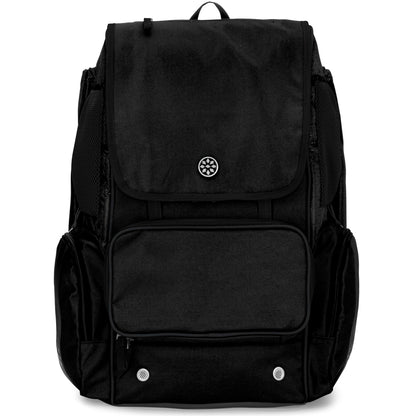 The Rip It Softball Tournament 2 Backpack (2TOURN) is a black, customizable softball bag with a front flap, large front pocket, two side pockets, and a small round logo—perfect for players wanting both style and function.