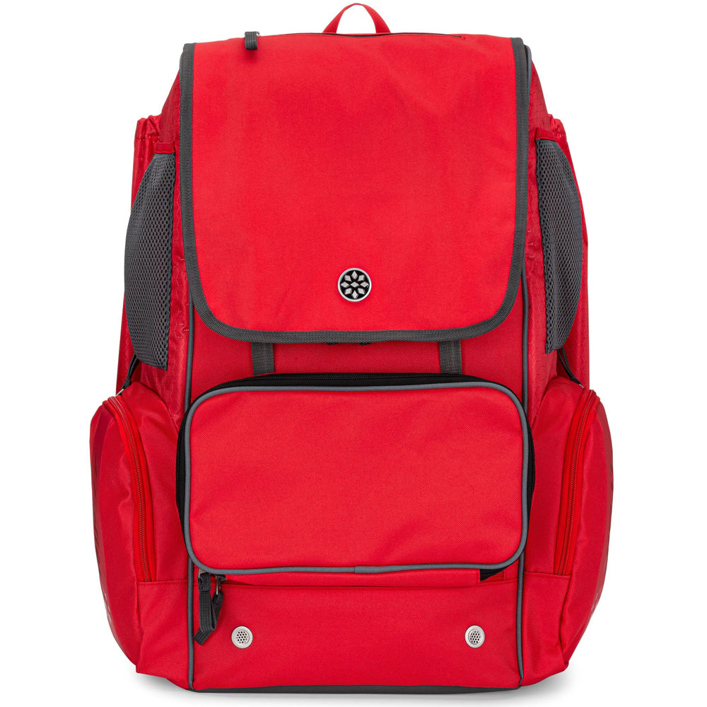 The Rip It Softball Tournament 2 Backpack (2TOURN) by Rip It features a bright red design, large front flap, black trim, zippered front pocket, side mesh pockets, and a top handle—ideal as a customizable softball gear backpack.