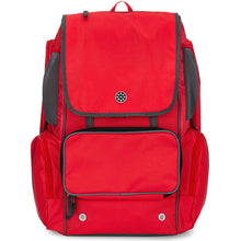 The Rip It Softball Tournament 2 Backpack (2TOURN) by Rip It features a bright red design, large front flap, black trim, zippered front pocket, side mesh pockets, and a top handle—ideal as a customizable softball gear backpack.