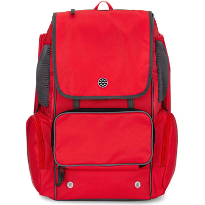 The Rip It Softball Tournament 2 Backpack (2TOURN) by Rip It features a bright red design, large front flap, black trim, zippered front pocket, side mesh pockets, and a top handle—ideal as a customizable softball gear backpack.