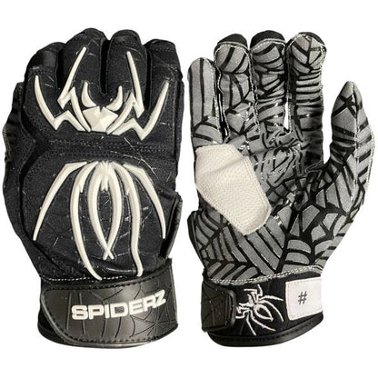 The Spiderz HYBRID Adult Batting Gloves feature black and gray colors, a white spider logo on the back, web-patterned palm for maximum grip, white grip patch, and Spiderz branding on the wrist strap.