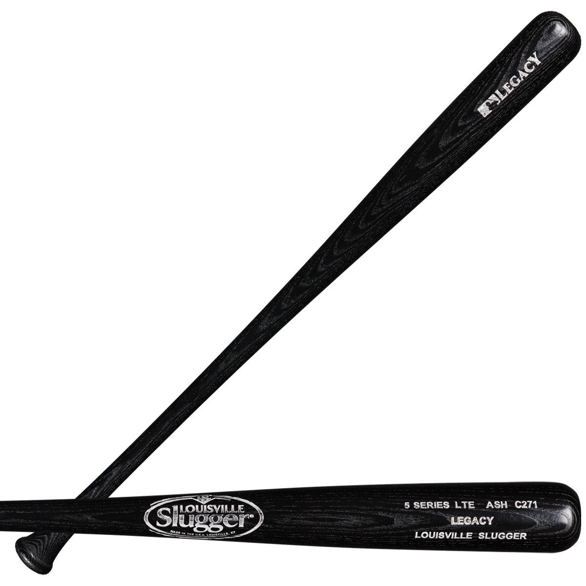 Two black wooden Louisville Slugger Series 5 Legacy LTE Ash C271 bats, crossed at the handles. One displays the Legacy LTE logo and white product details, showcasing this lightweight bat's classic design from Louisville Slugger.