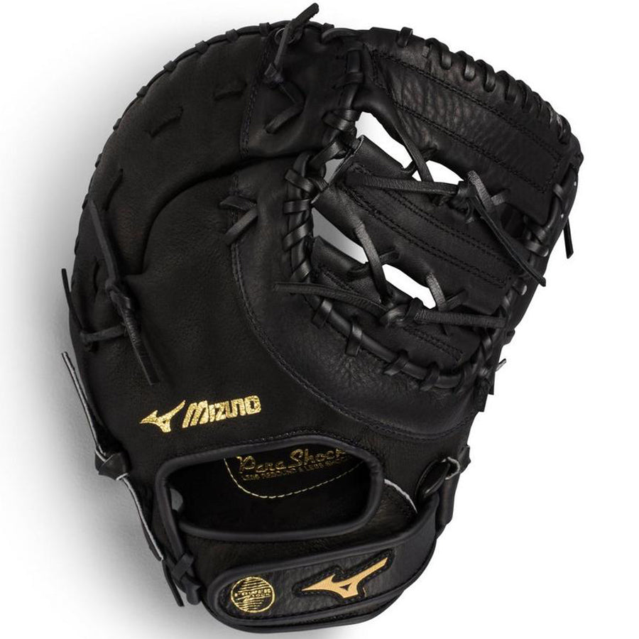 A black Mizuno Prospect 12.5" Youth Baseball First Base Mitt (GXF102) with gold stitching and logo accents, thick black laces, PowerClose Technology, and a deep pocket is shown against a white background.