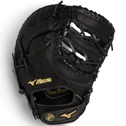 A black Mizuno Prospect 12.5" Youth Baseball First Base Mitt (GXF102) with gold stitching and logo accents, thick black laces, PowerClose Technology, and a deep pocket is shown against a white background.