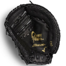 A Mizuno Prospect 12.5" Youth Baseball First Base Mitt (GXF102 / 312110) is shown open, revealing gold lettering, a deep pocket, and detailed stitching. The black Mizuno glove with PowerClose Technology rests on a white background.