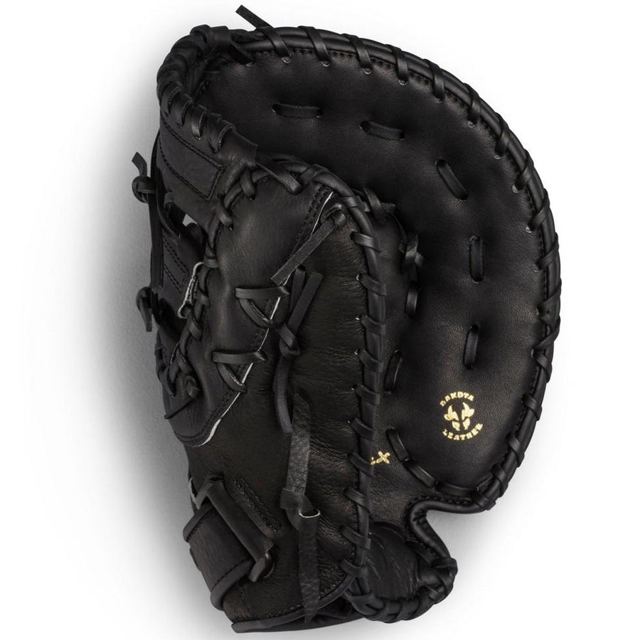 The Mizuno Prospect 12.5" Youth Baseball First Base Mitt (GXF102 / 312110) is a black leather glove with visible stitching, gold stamped logo/text on the palm, PowerClose Technology, and lacing, shown against a white background.