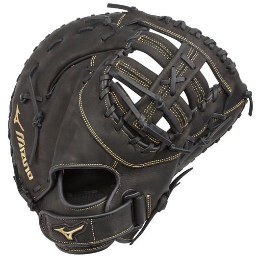 A Mizuno MVP Prime 13" Fastpitch First Base Mitt (GXF50FP) made from Bio Soft Leather, featuring black color with tan stitching and lacing, an open web design, and the Mizuno logo on the wrist strap.