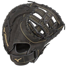A Mizuno MVP Prime 13" Fastpitch First Base Mitt (GXF50FP) made from Bio Soft Leather, featuring black color with tan stitching and lacing, an open web design, and the Mizuno logo on the wrist strap.